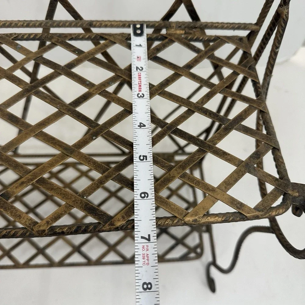 Vintage French Style 2 Tier Antiqued Gold Metal Standing Plant Shelf Scroll Fold
